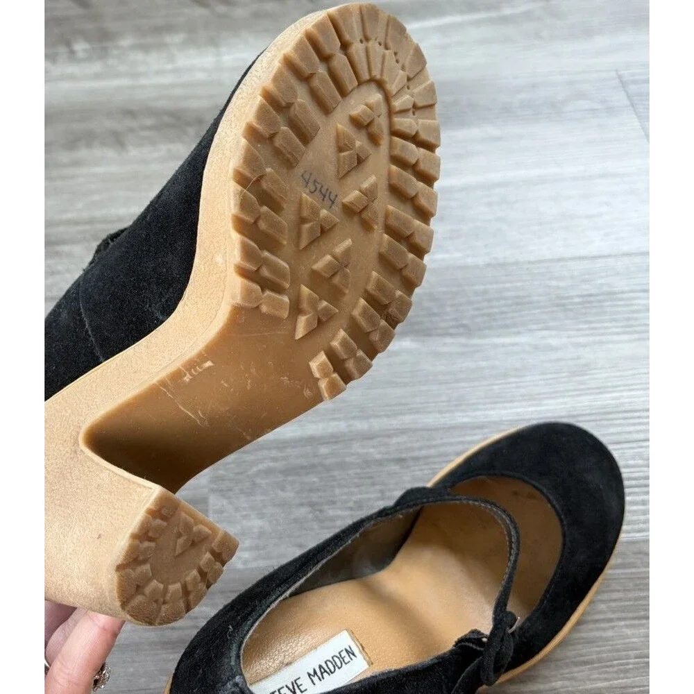 Steve Madden Meliny Black Suede Platform Mary Jane Chunky Heel Pumps Shoes 9.5